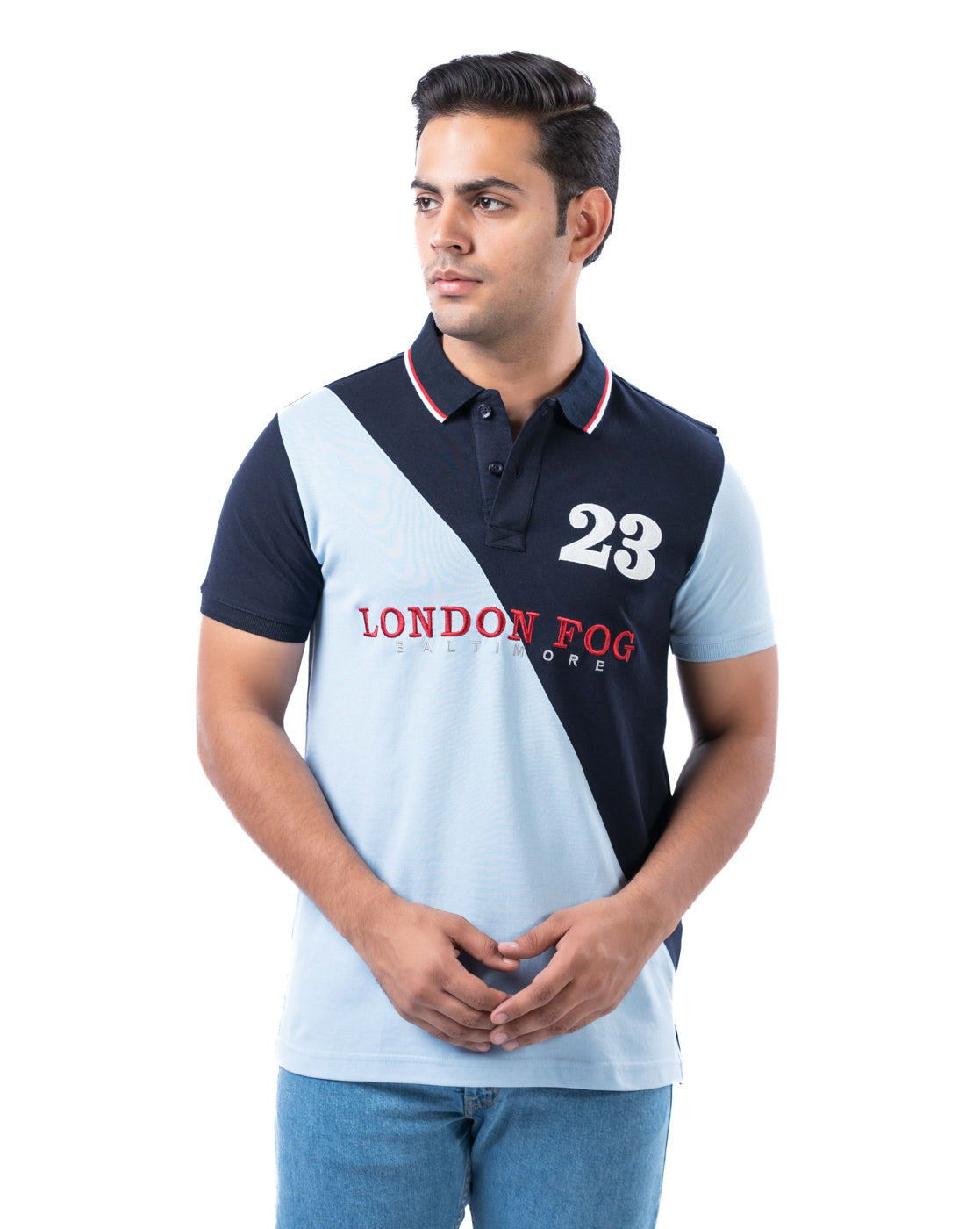 Men’s Aqua Polo T-Shirt – Diagonal Stripe & Tipping Detail