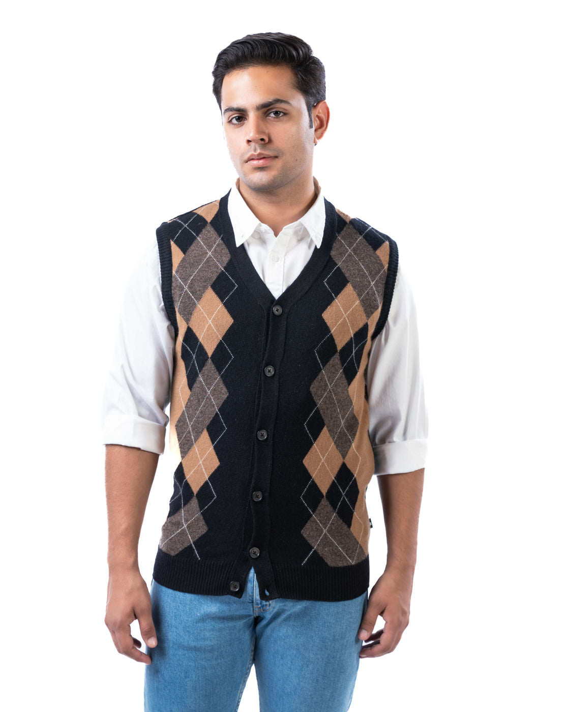 Men’s Black Lambswool V-Neck Sweater with Full Button Placket