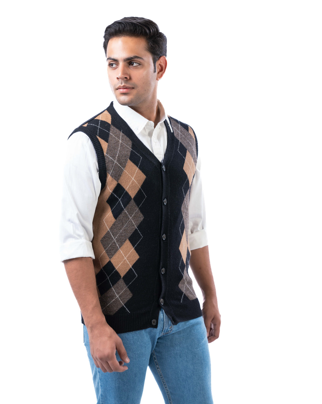 Men’s Black Lambswool V-Neck Sweater with Full Button Placket