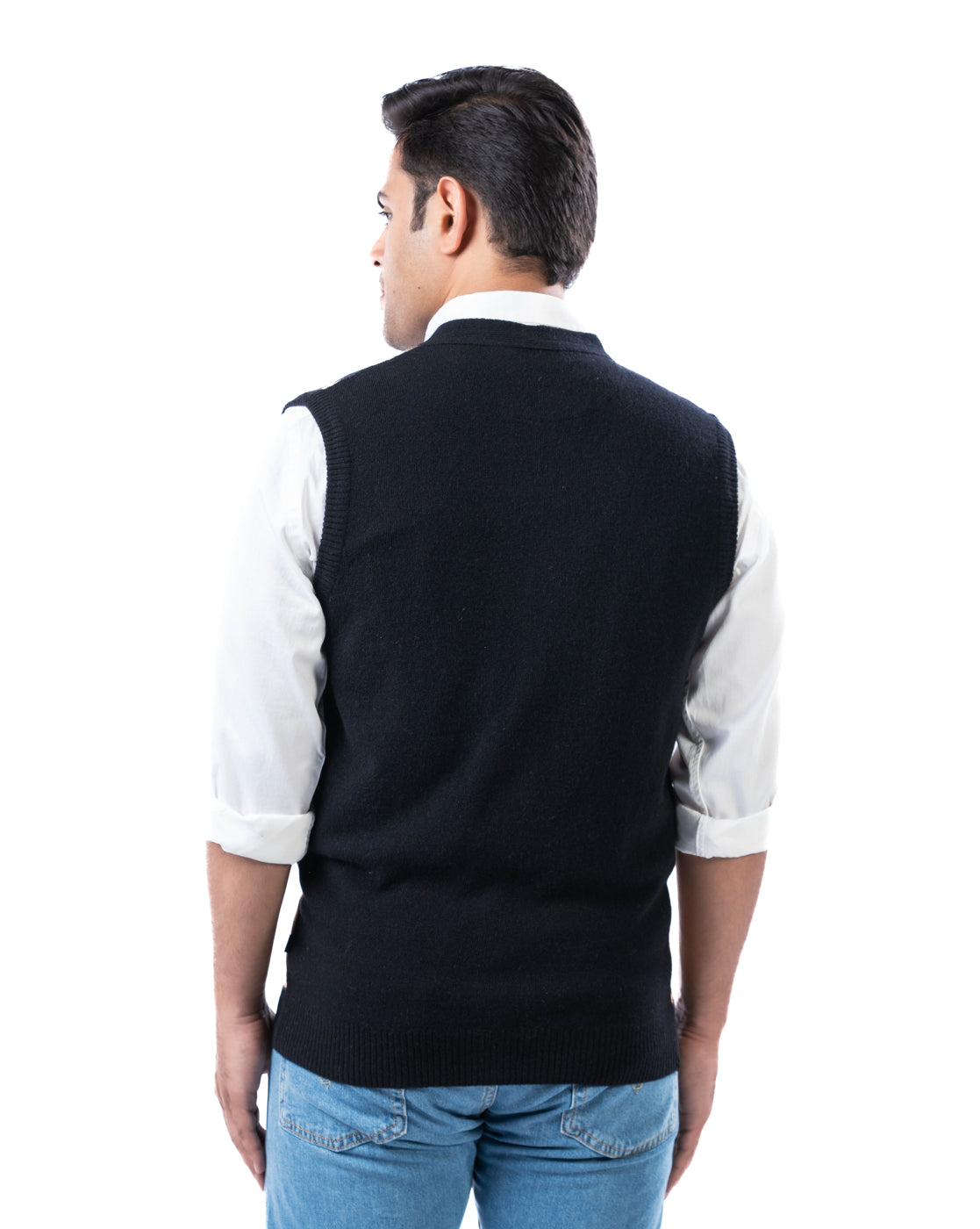 Men’s Black Lambswool V-Neck Sweater with Full Button Placket