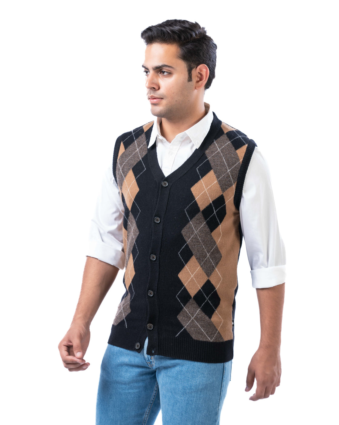 Men’s Black Lambswool V-Neck Sweater with Full Button Placket
