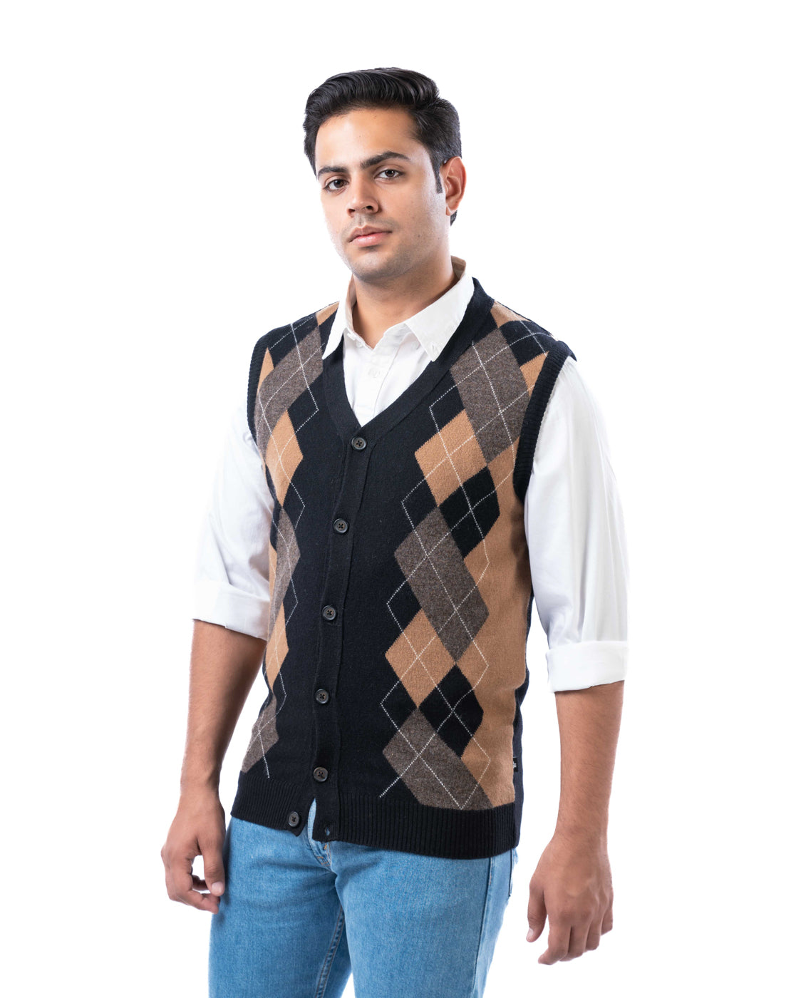 Men’s Black Lambswool V-Neck Sweater with Full Button Placket