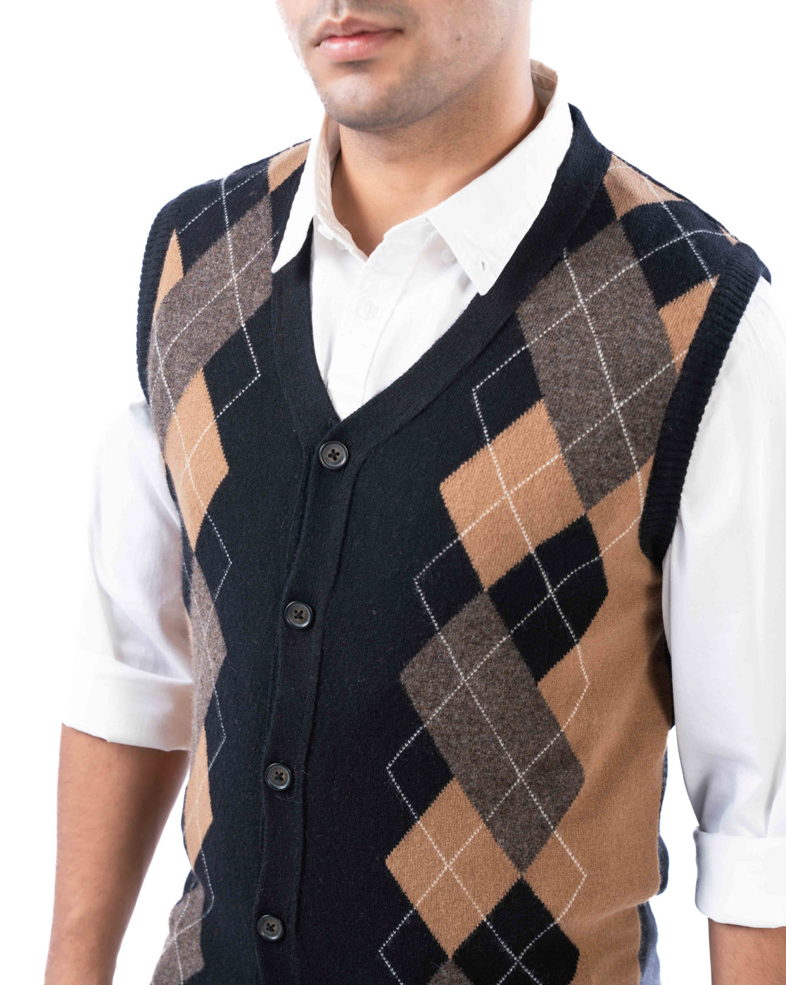 Men’s Black Lambswool V-Neck Sweater with Full Button Placket