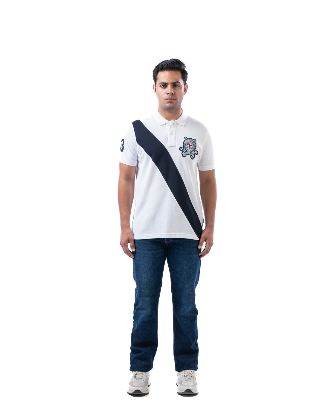 Men’s White Polo T-Shirt – Diagonal Stripe Design