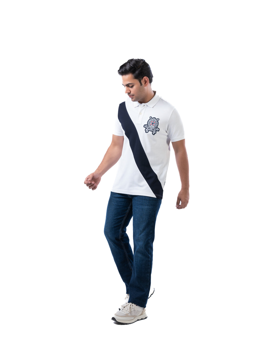 Men’s White Polo T-Shirt – Diagonal Stripe Design