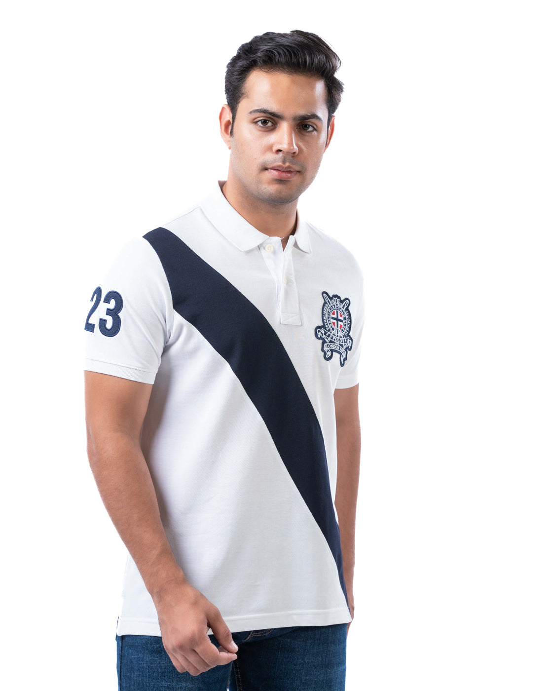 Men’s White Polo T-Shirt – Diagonal Stripe Design