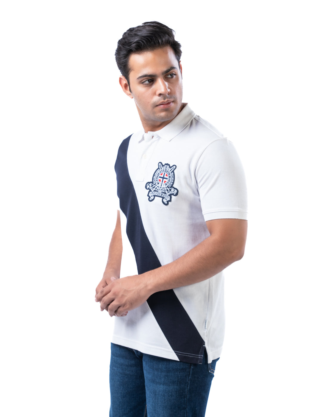 Men’s White Polo T-Shirt – Diagonal Stripe Design