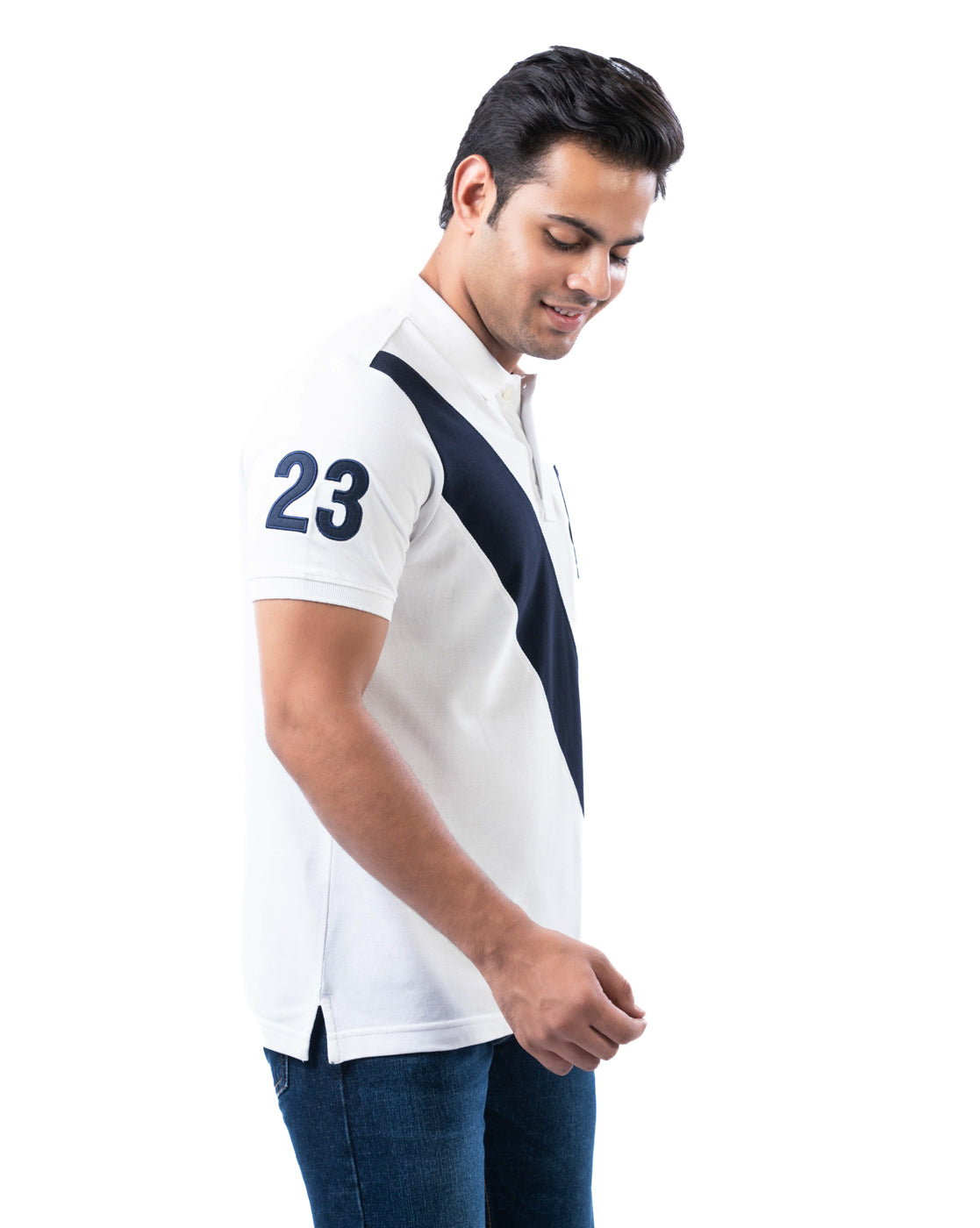 Men’s White Polo T-Shirt – Diagonal Stripe Design