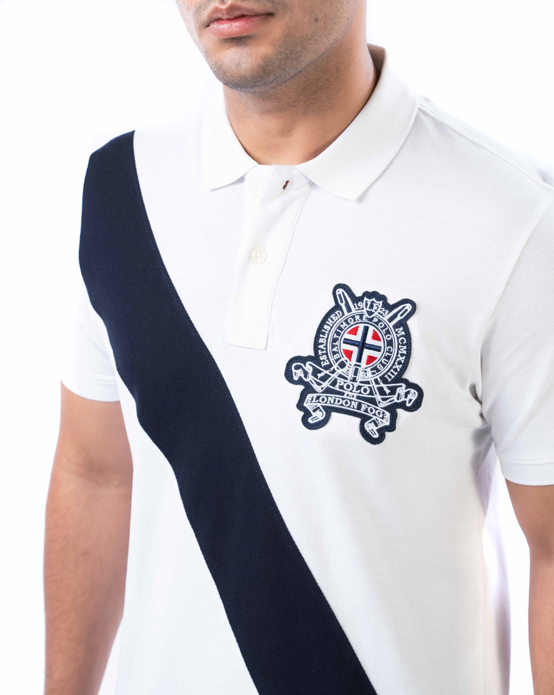 Men’s White Polo T-Shirt – Diagonal Stripe Design