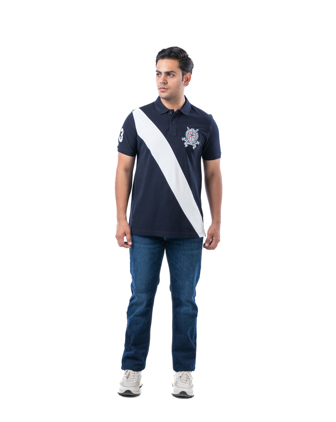 Men’s Navy Polo T-Shirt – Diagonal Stripe Design