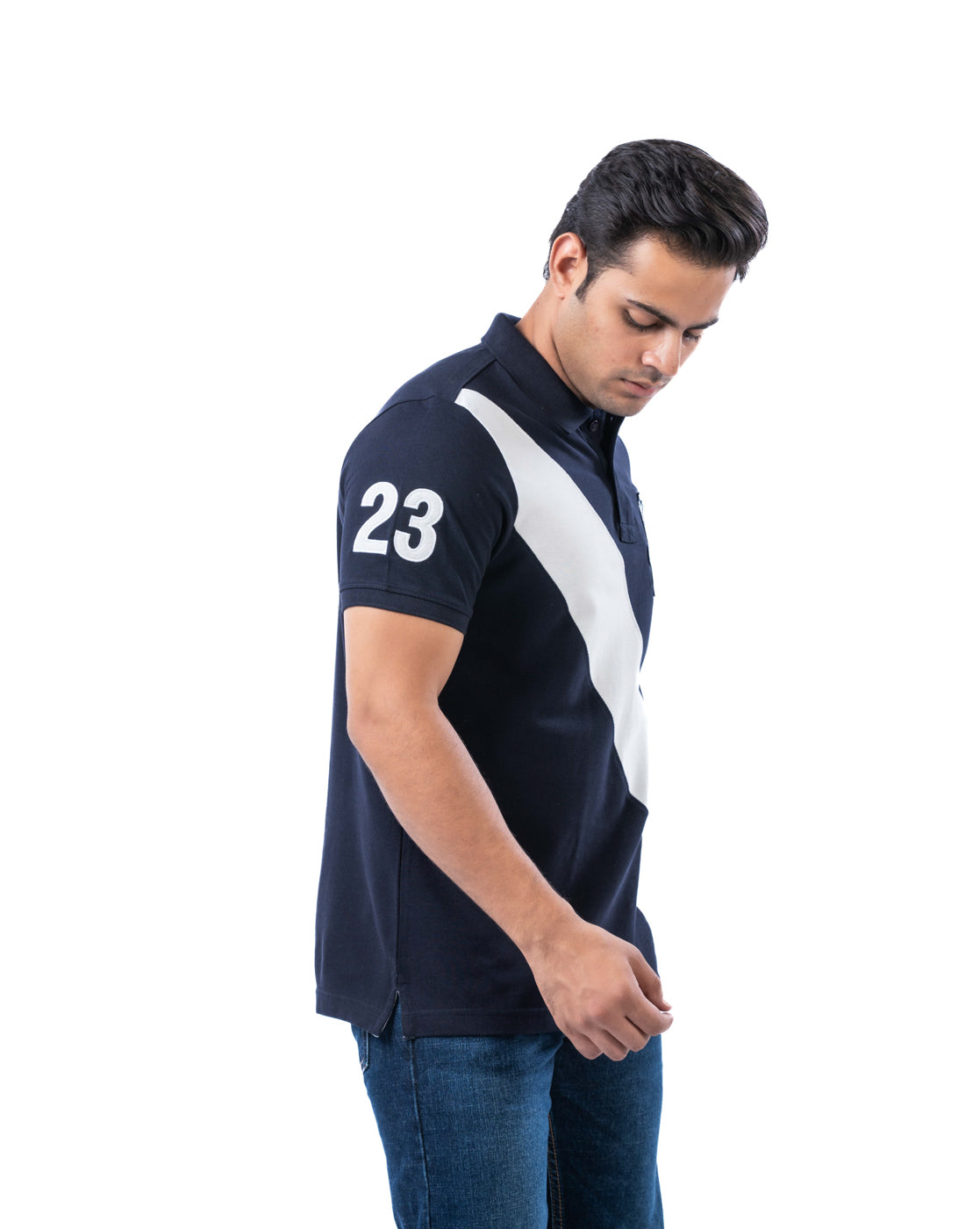 Men’s Navy Polo T-Shirt – Diagonal Stripe Design