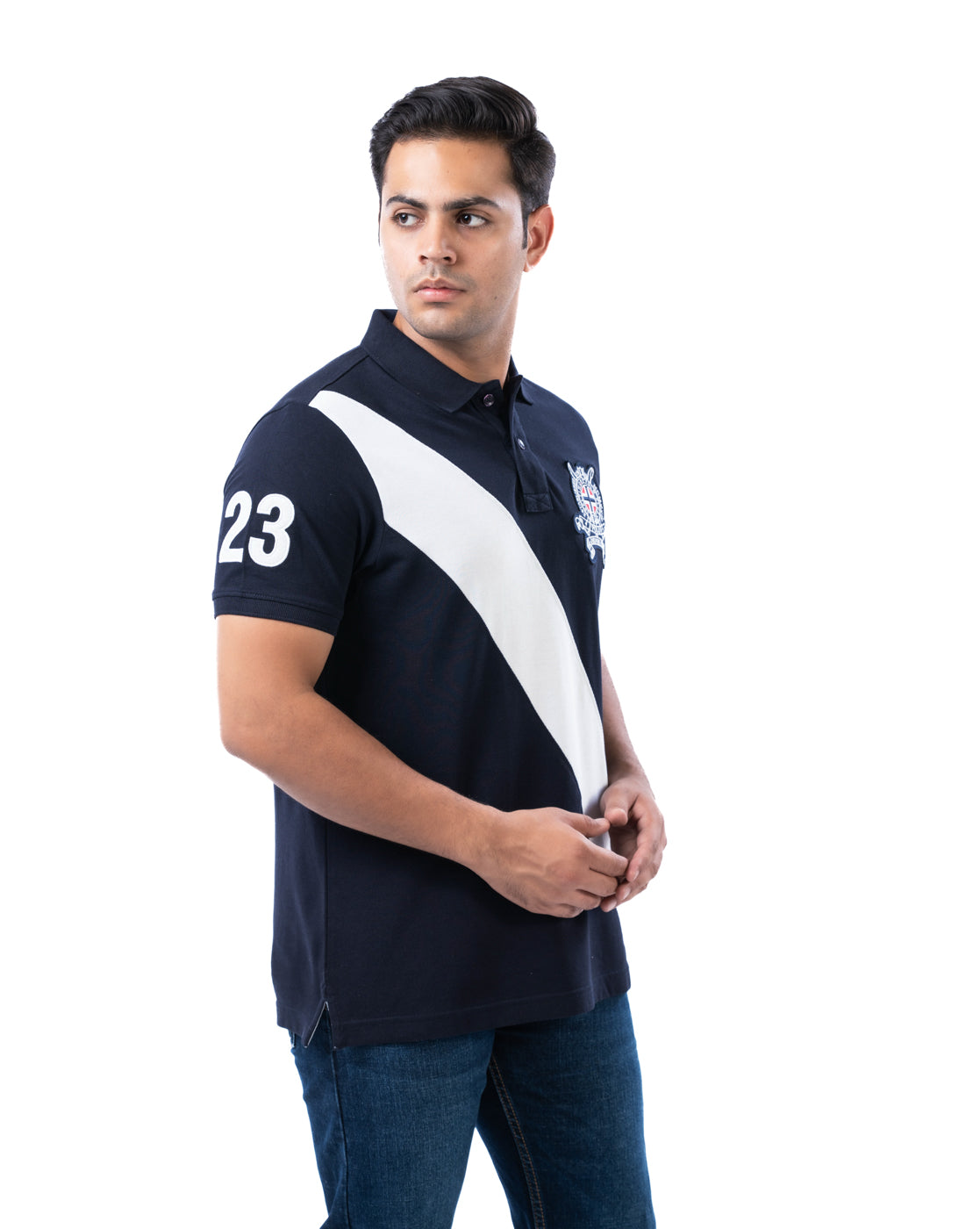 Men’s Navy Polo T-Shirt – Diagonal Stripe Design