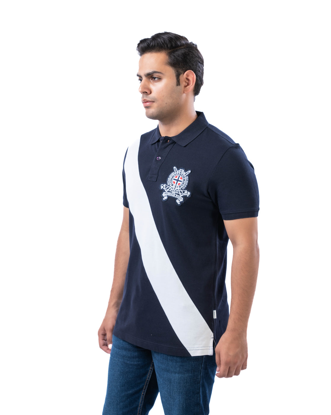 Men’s Navy Polo T-Shirt – Diagonal Stripe Design