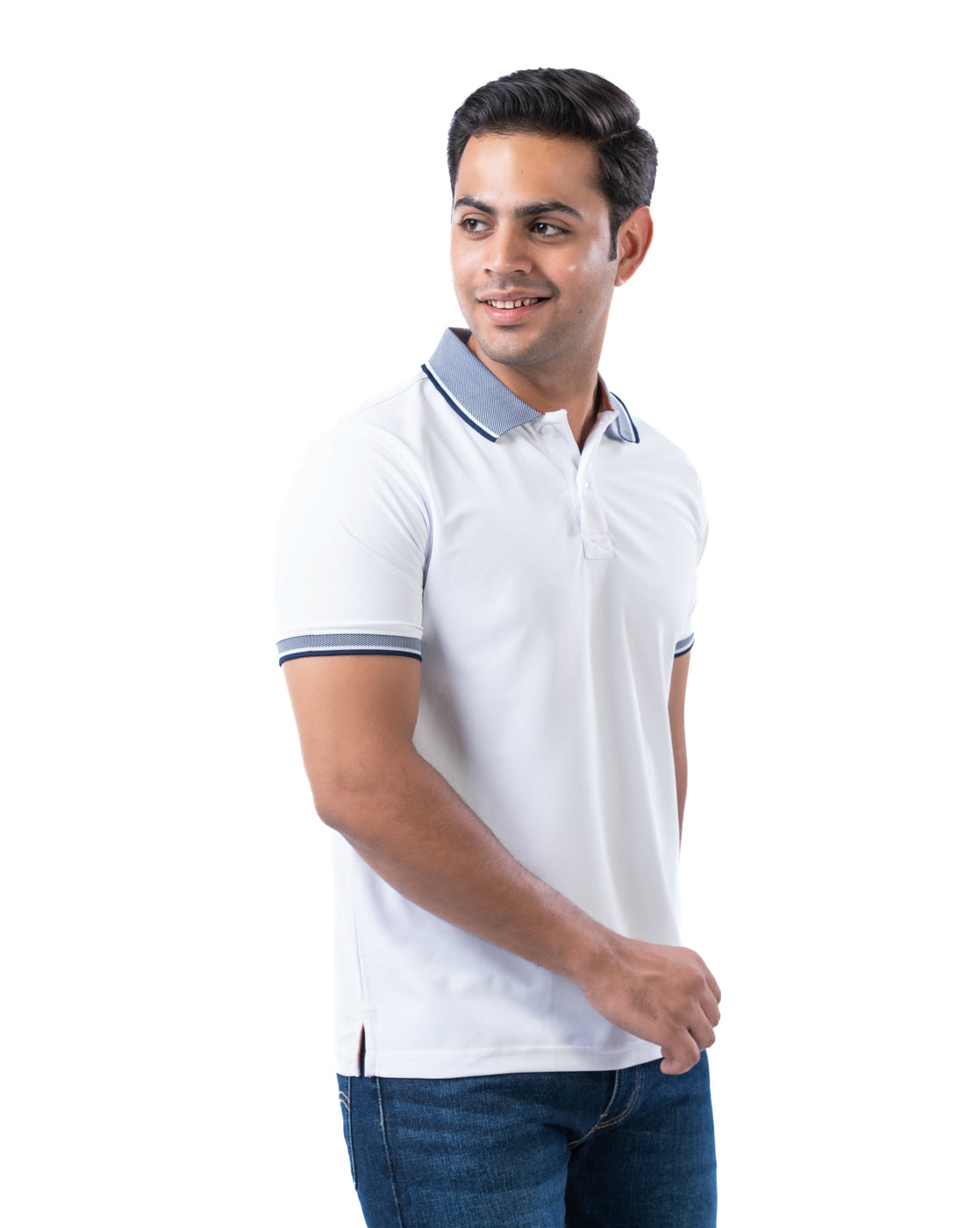 Men’s Off White Polo T-Shirt – Self Design Stretch Polyester