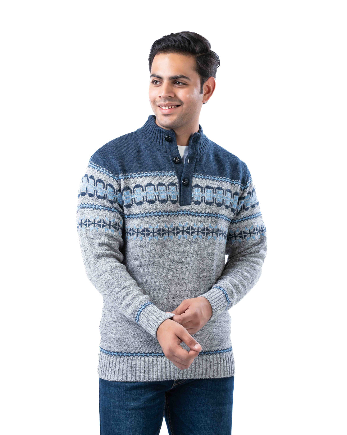 Men’s Light Grey Aztec Knit Collar Pullover with Half Placket and Football Buttons