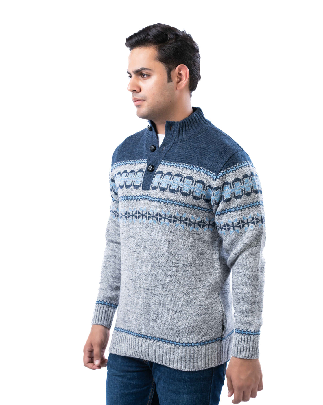 Men’s Light Grey Aztec Knit Collar Pullover with Half Placket and Football Buttons