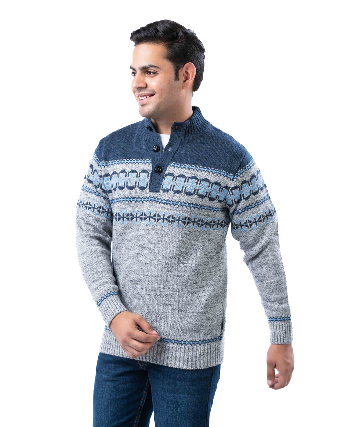 Men’s Light Grey Aztec Knit Collar Pullover with Half Placket and Football Buttons