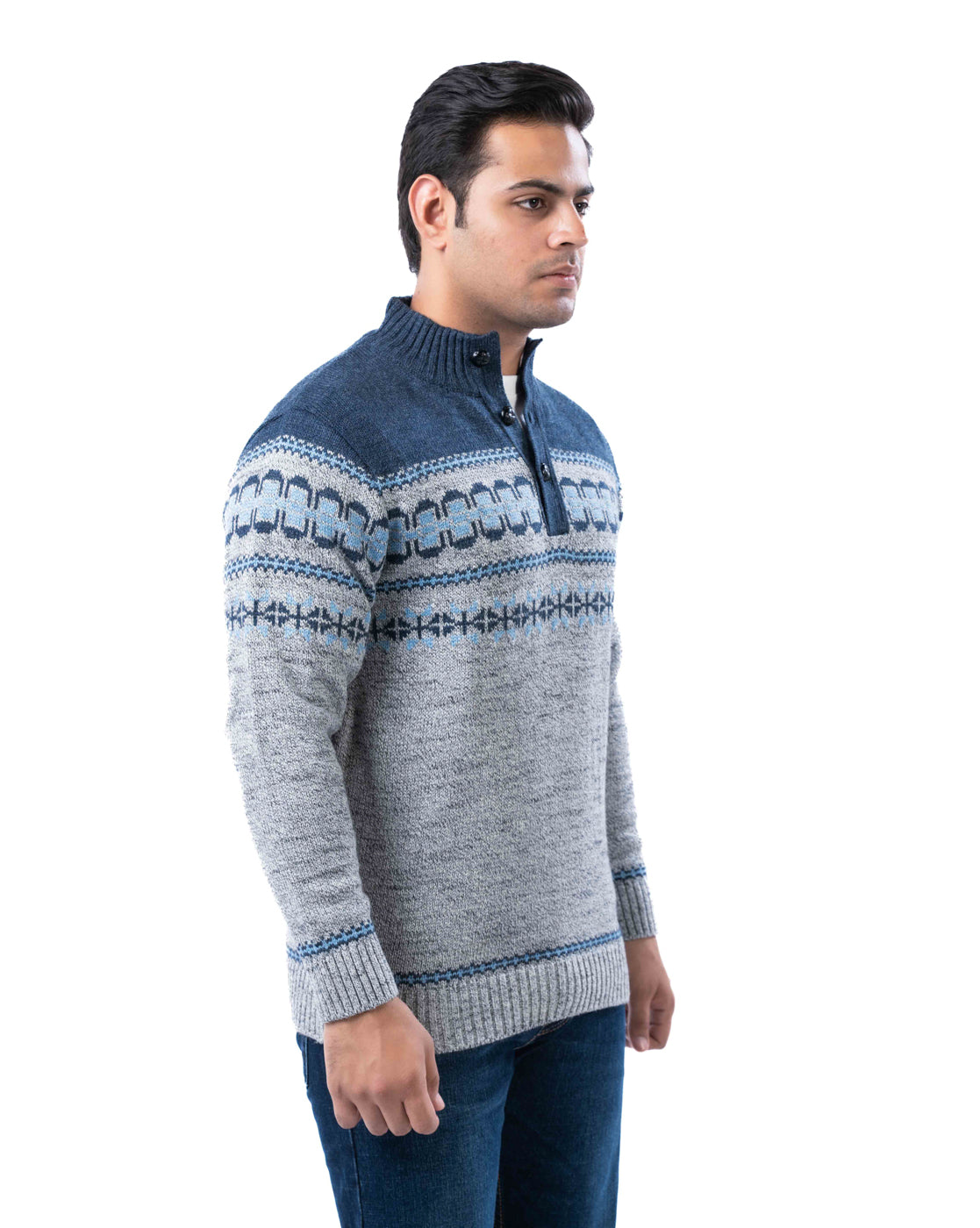 Men’s Light Grey Aztec Knit Collar Pullover with Half Placket and Football Buttons