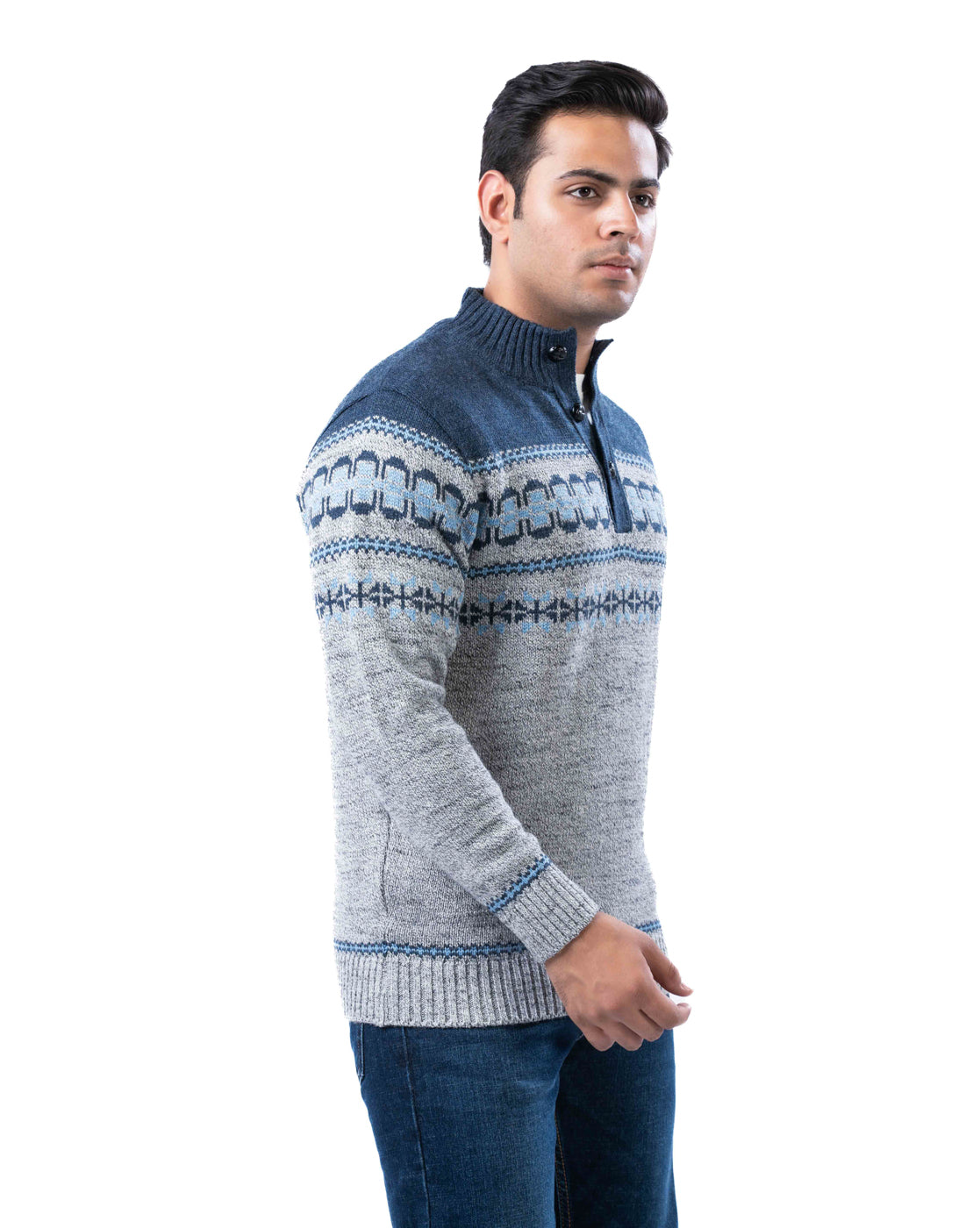 Men’s Light Grey Aztec Knit Collar Pullover with Half Placket and Football Buttons