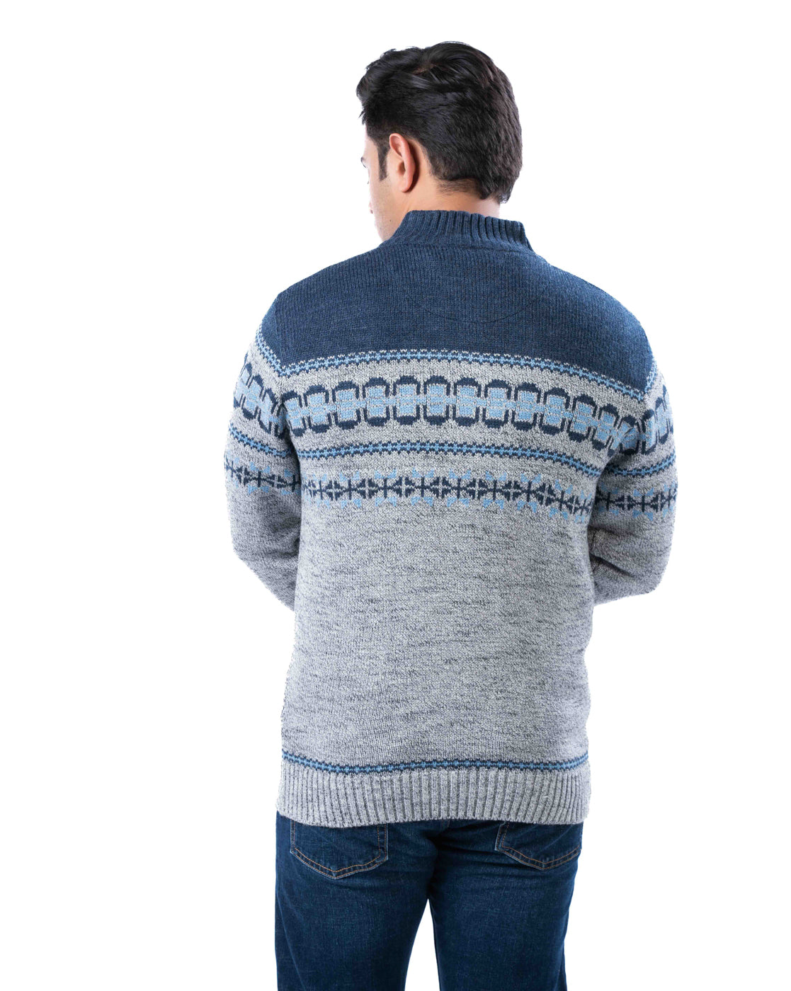 Men’s Light Grey Aztec Knit Collar Pullover with Half Placket and Football Buttons