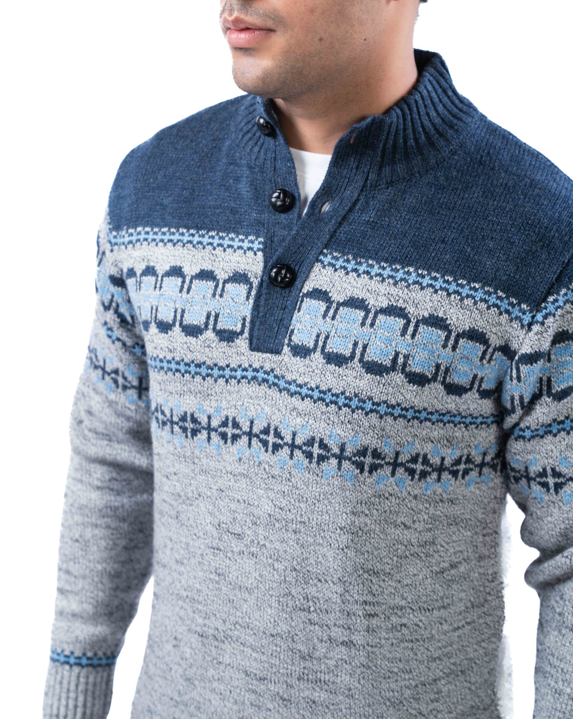 Men’s Light Grey Aztec Knit Collar Pullover with Half Placket and Football Buttons