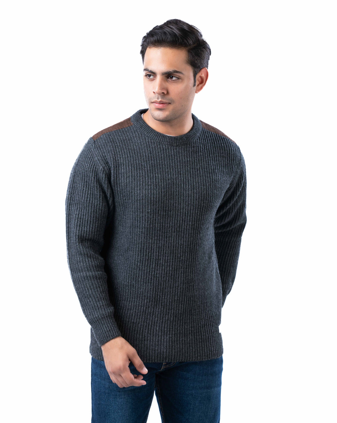 Men’s Light Grey Crew Neck Sweater with Suede Shoulder Patch