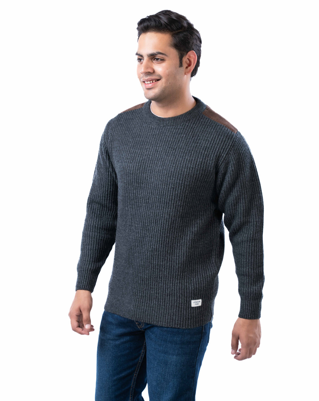 Men’s Light Grey Crew Neck Sweater with Suede Shoulder Patch