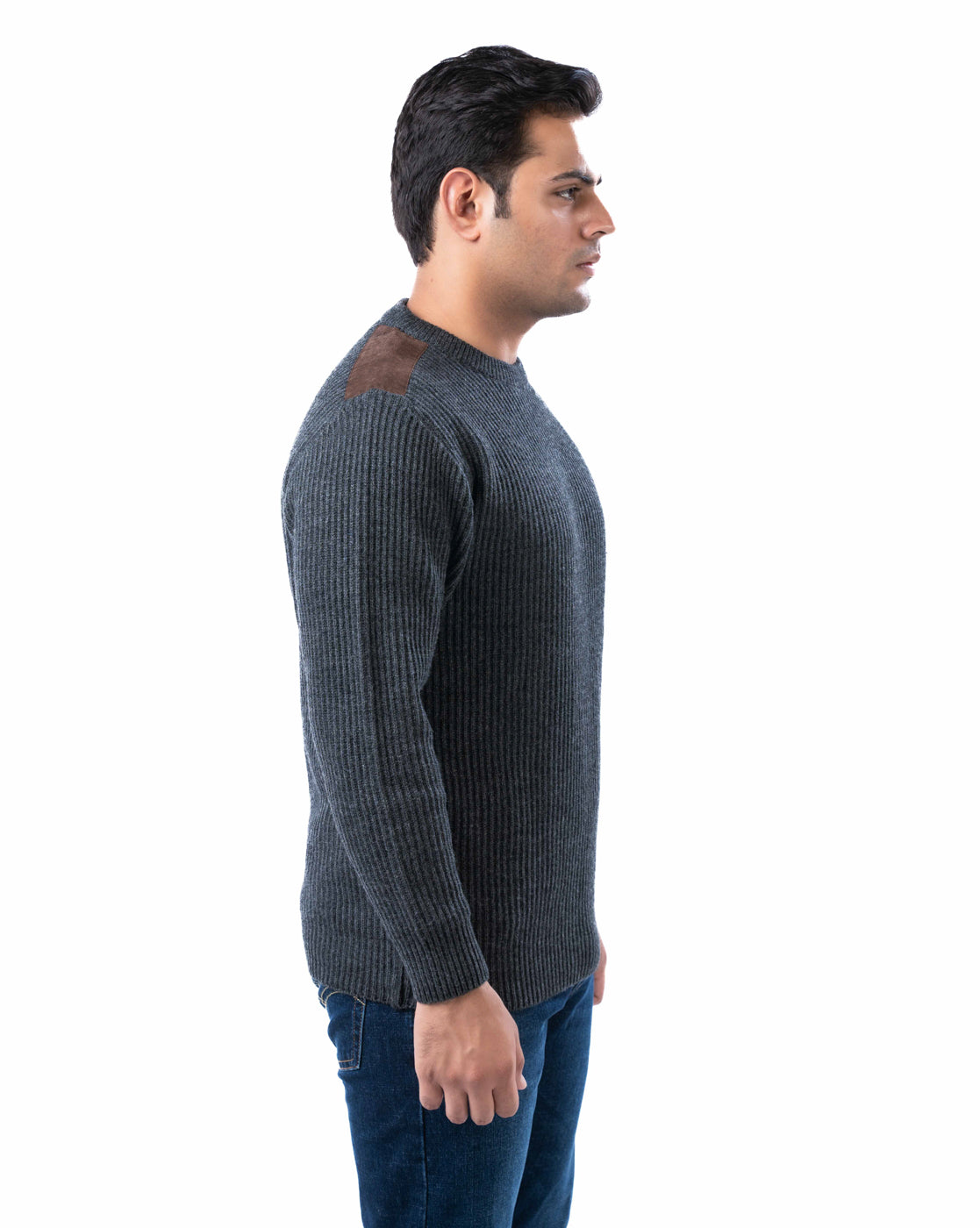 Men’s Light Grey Crew Neck Sweater with Suede Shoulder Patch