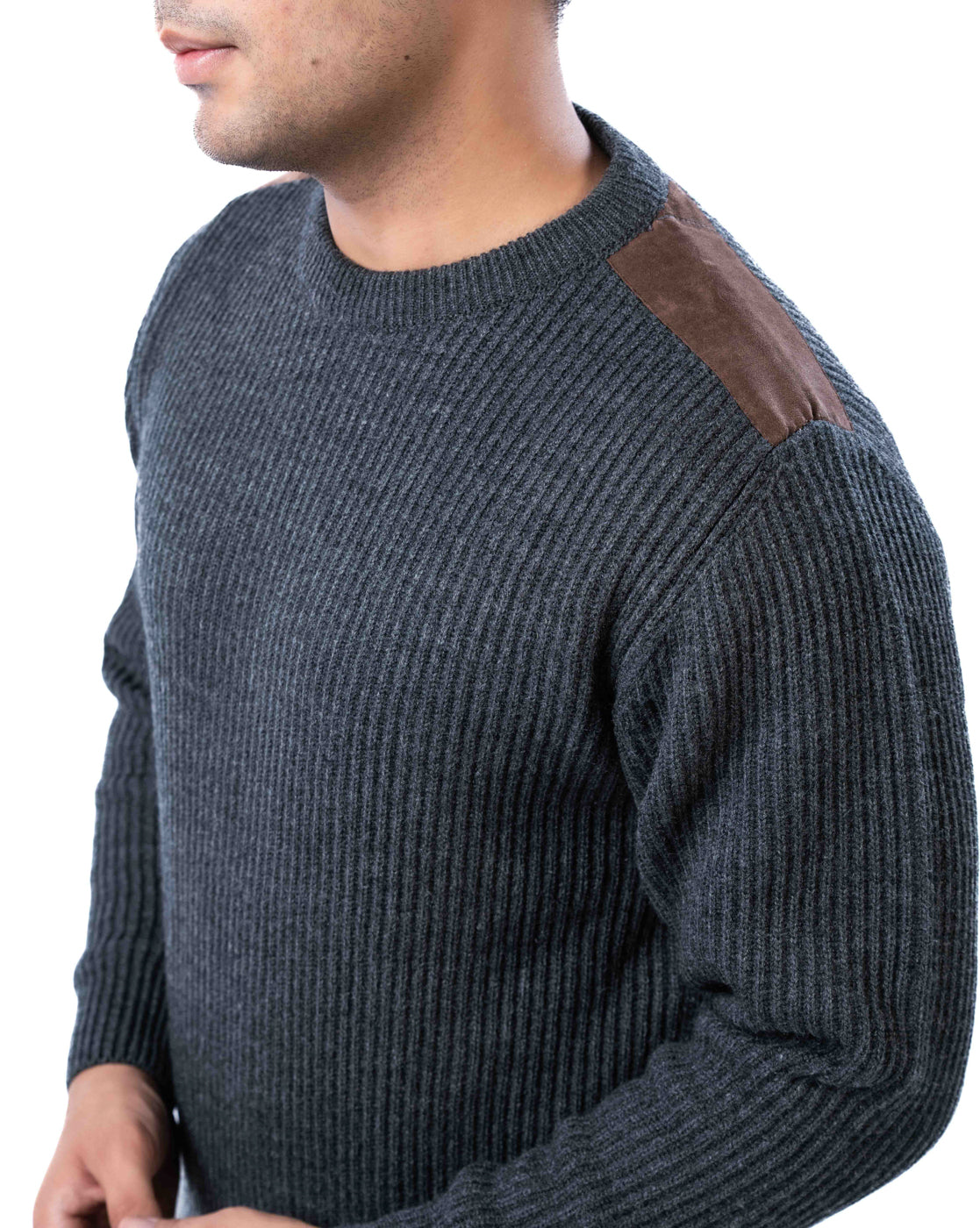 Men’s Light Grey Crew Neck Sweater with Suede Shoulder Patch