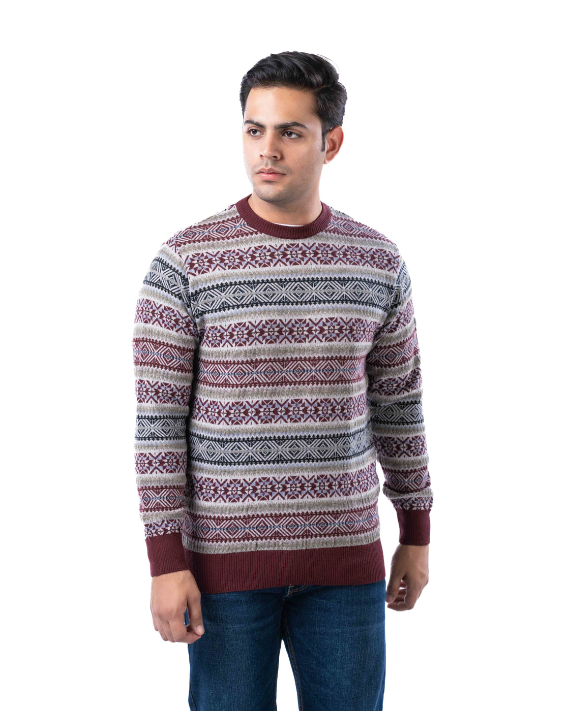 Men’s Wine Jacquard Knit Pullover in Blended Polyamide Yarn with Crew Neck and Side Loop Label