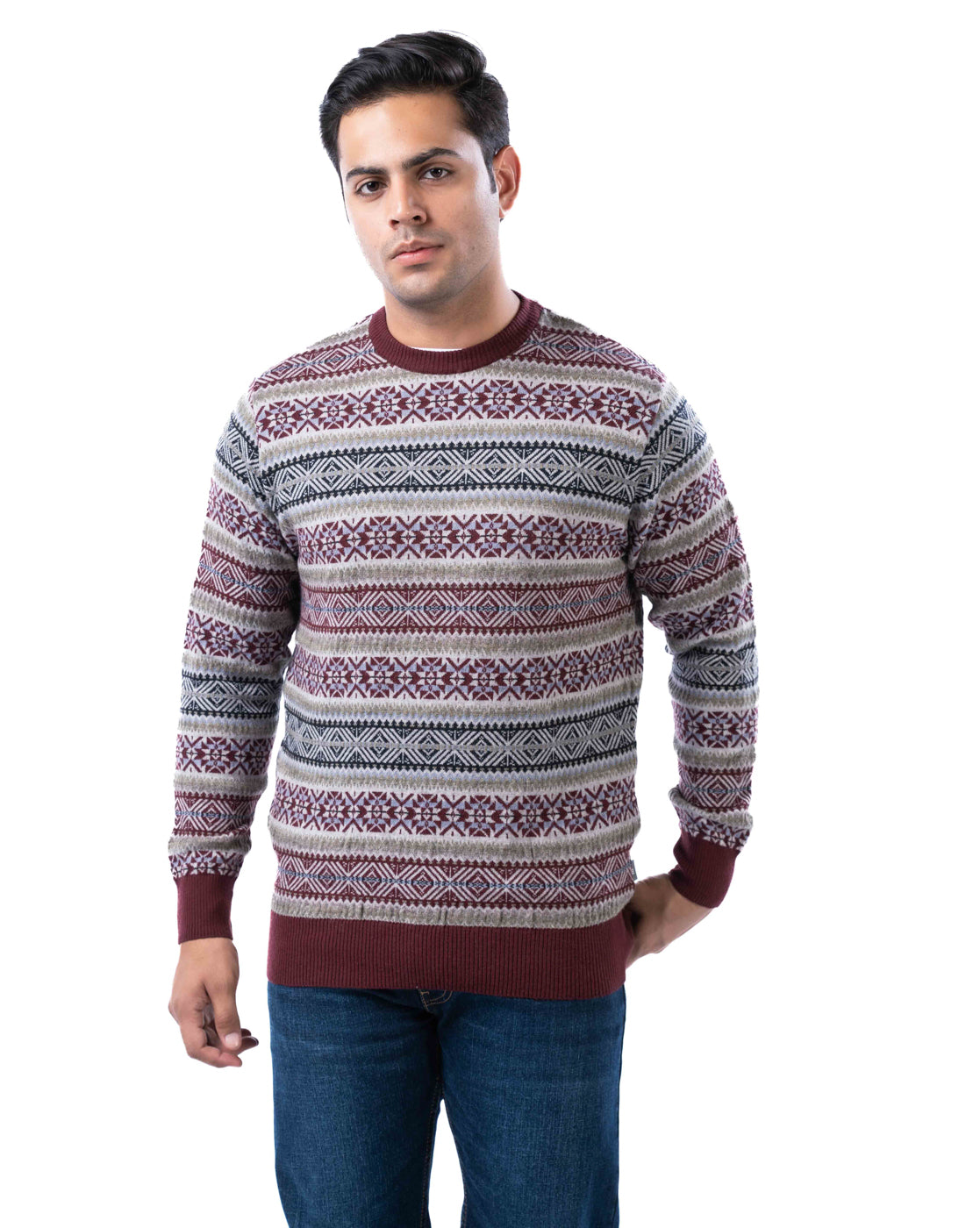 Men’s Wine Jacquard Knit Pullover in Blended Polyamide Yarn with Crew Neck and Side Loop Label