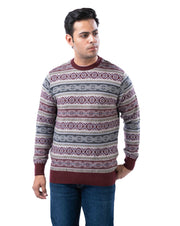 Men’s Wine Jacquard Knit Pullover in Blended Polyamide Yarn with Crew Neck and Side Loop Label