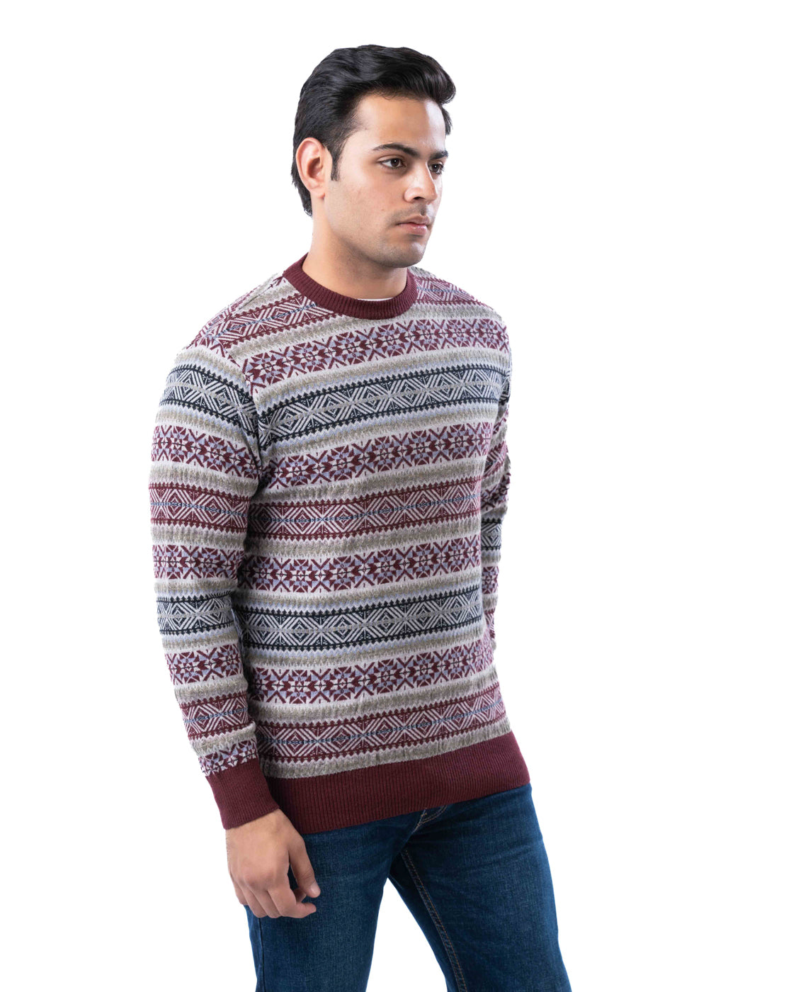 Men’s Wine Jacquard Knit Pullover in Blended Polyamide Yarn with Crew Neck and Side Loop Label