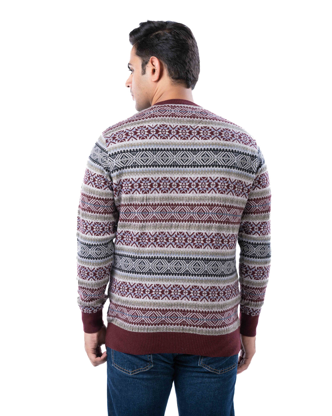 Men’s Wine Jacquard Knit Pullover in Blended Polyamide Yarn with Crew Neck and Side Loop Label