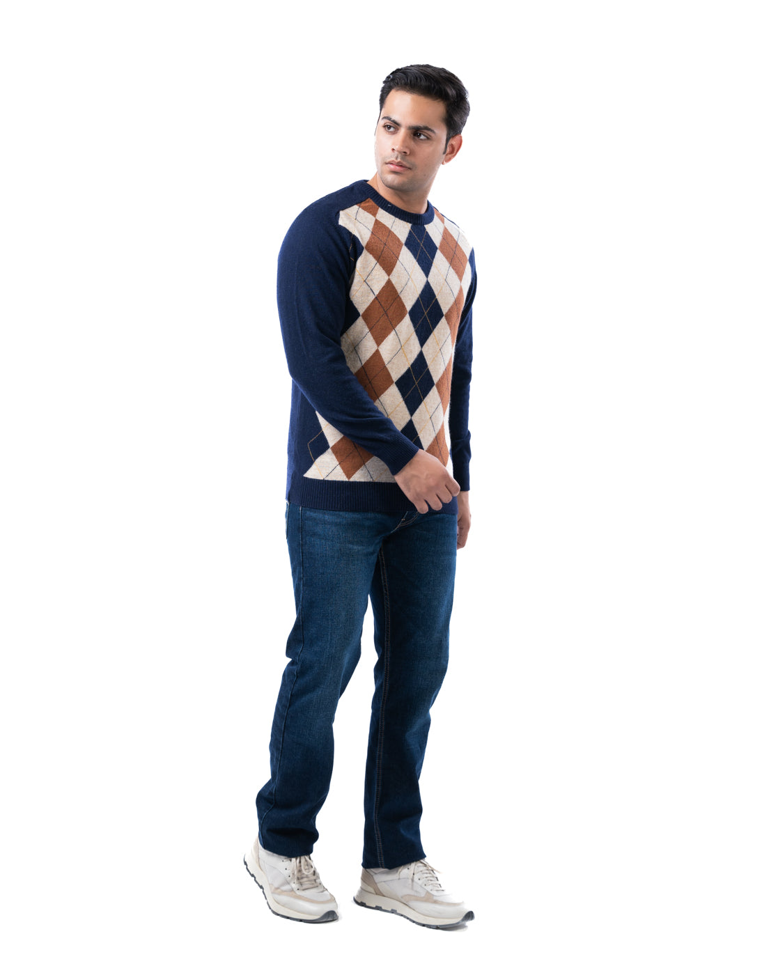 Men’s Dark Blue Lambswool Argyle Sweater with Crew Neck