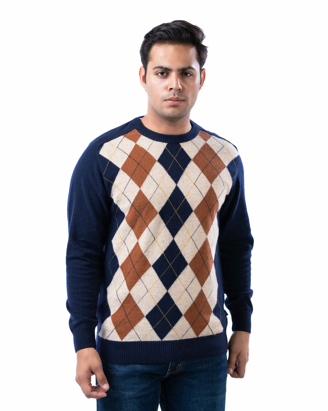 Men’s Dark Blue Lambswool Argyle Sweater with Crew Neck