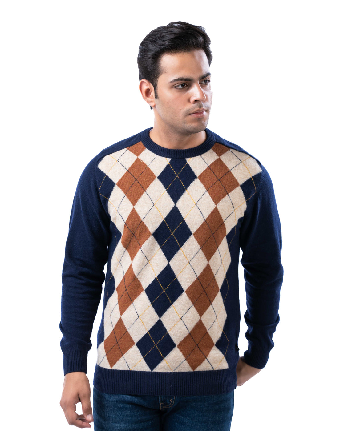 Men’s Dark Blue Lambswool Argyle Sweater with Crew Neck