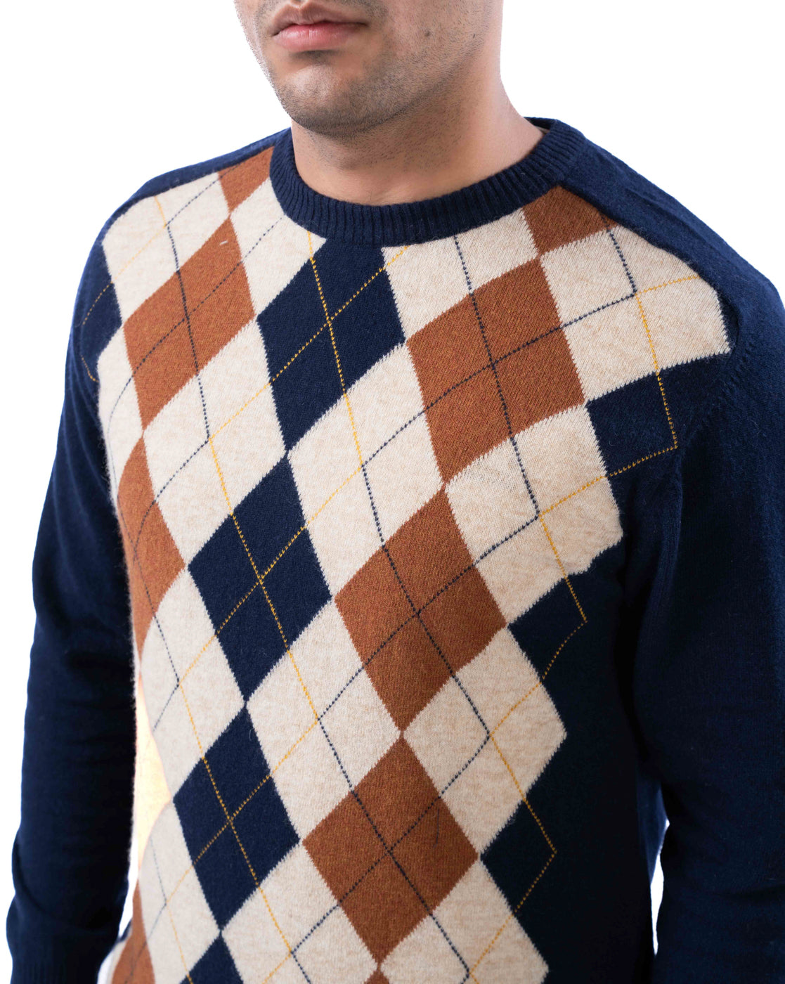 Men’s Dark Blue Lambswool Argyle Sweater with Crew Neck