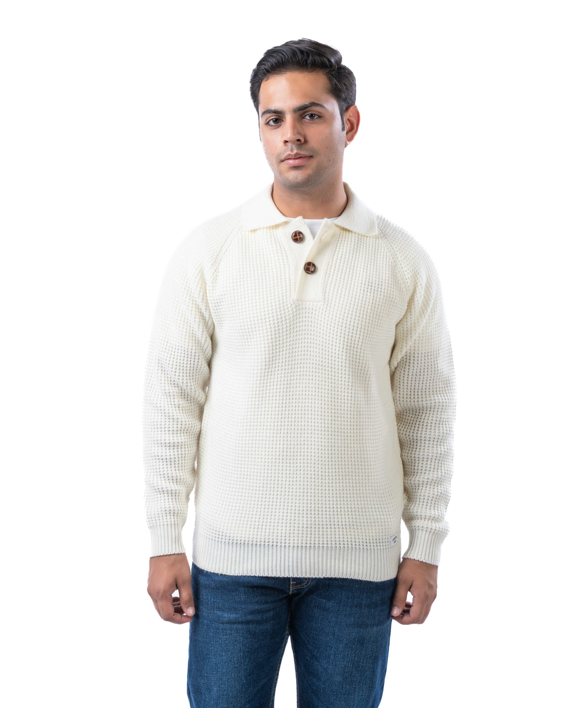Men’s Off White Raglan Sleeve Pullover with Buttoned Collar