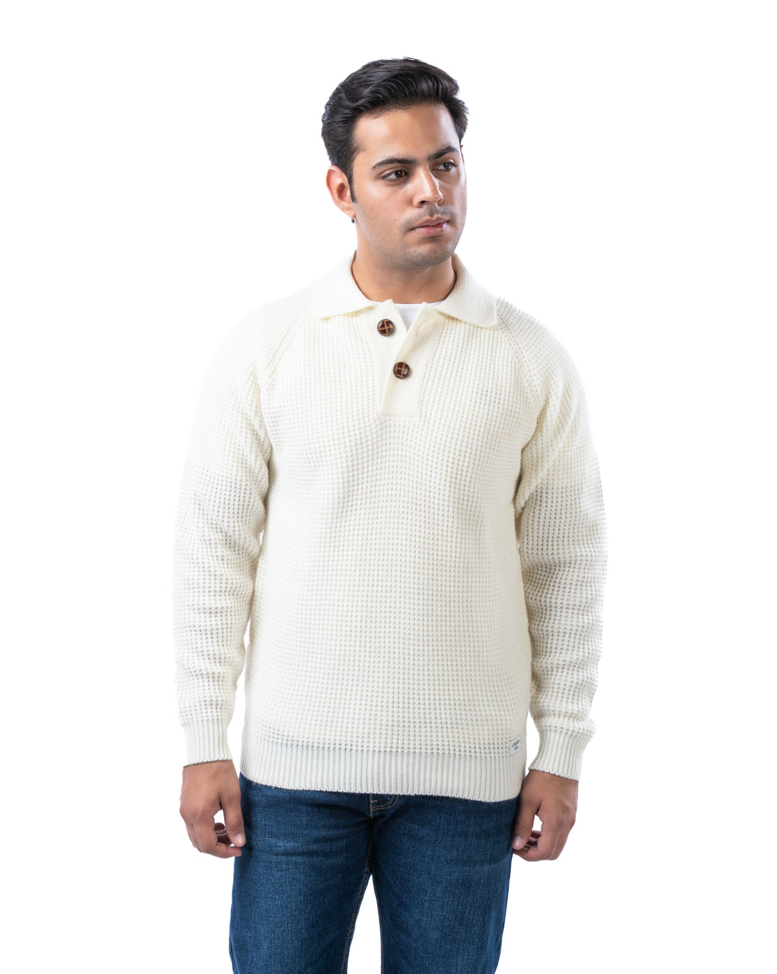 Men’s Off White Raglan Sleeve Pullover with Buttoned Collar