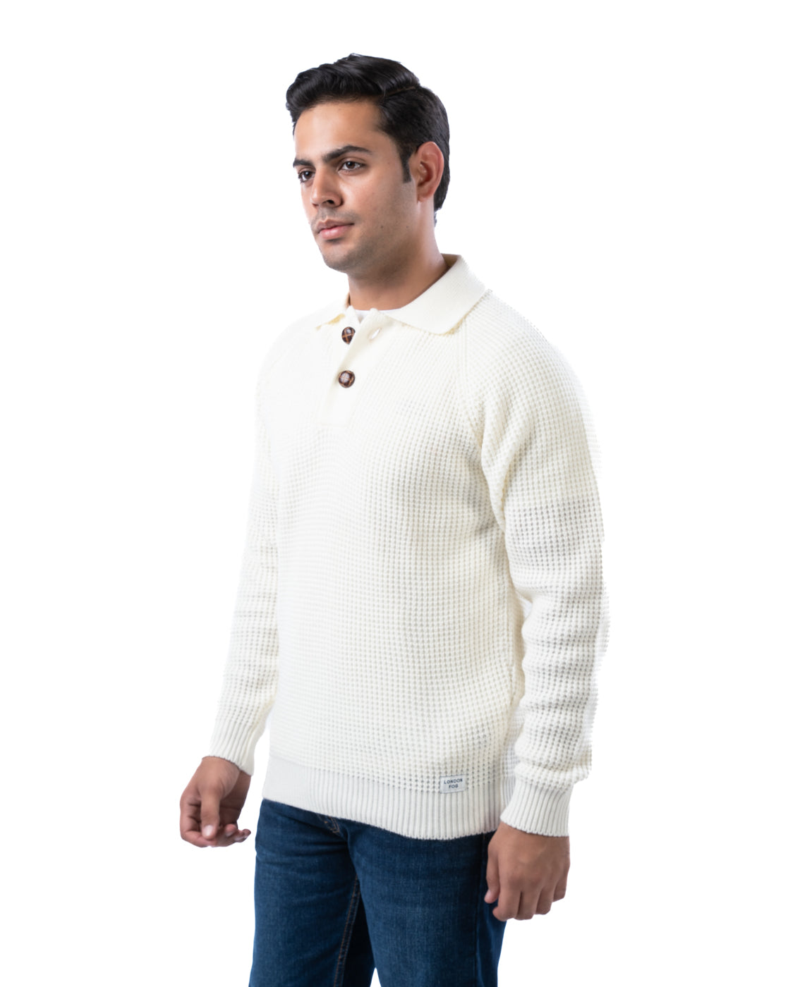 Men’s Off White Raglan Sleeve Pullover with Buttoned Collar