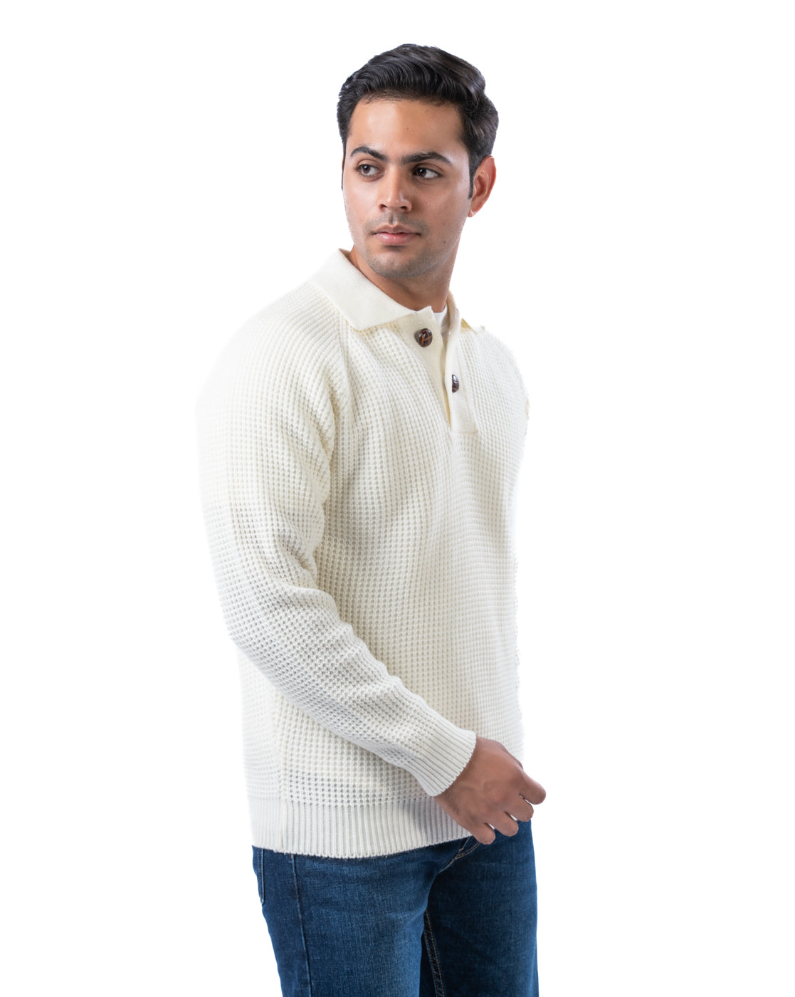 Men’s Off White Raglan Sleeve Pullover with Buttoned Collar