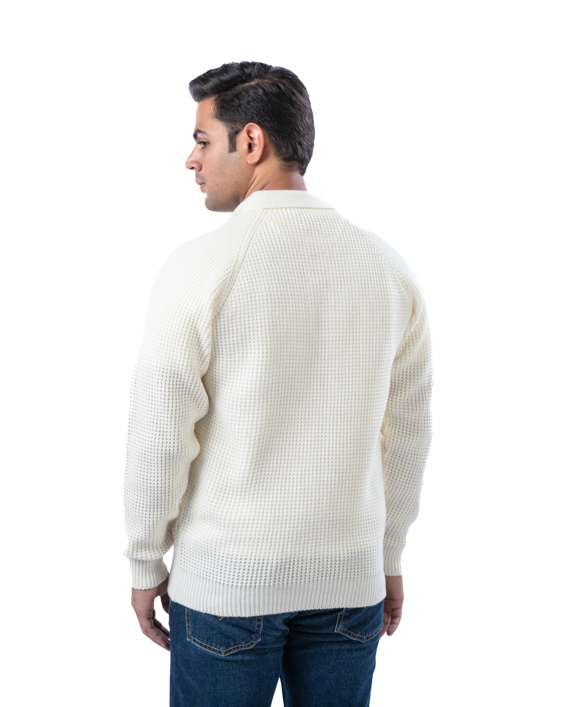 Men’s Off White Raglan Sleeve Pullover with Buttoned Collar