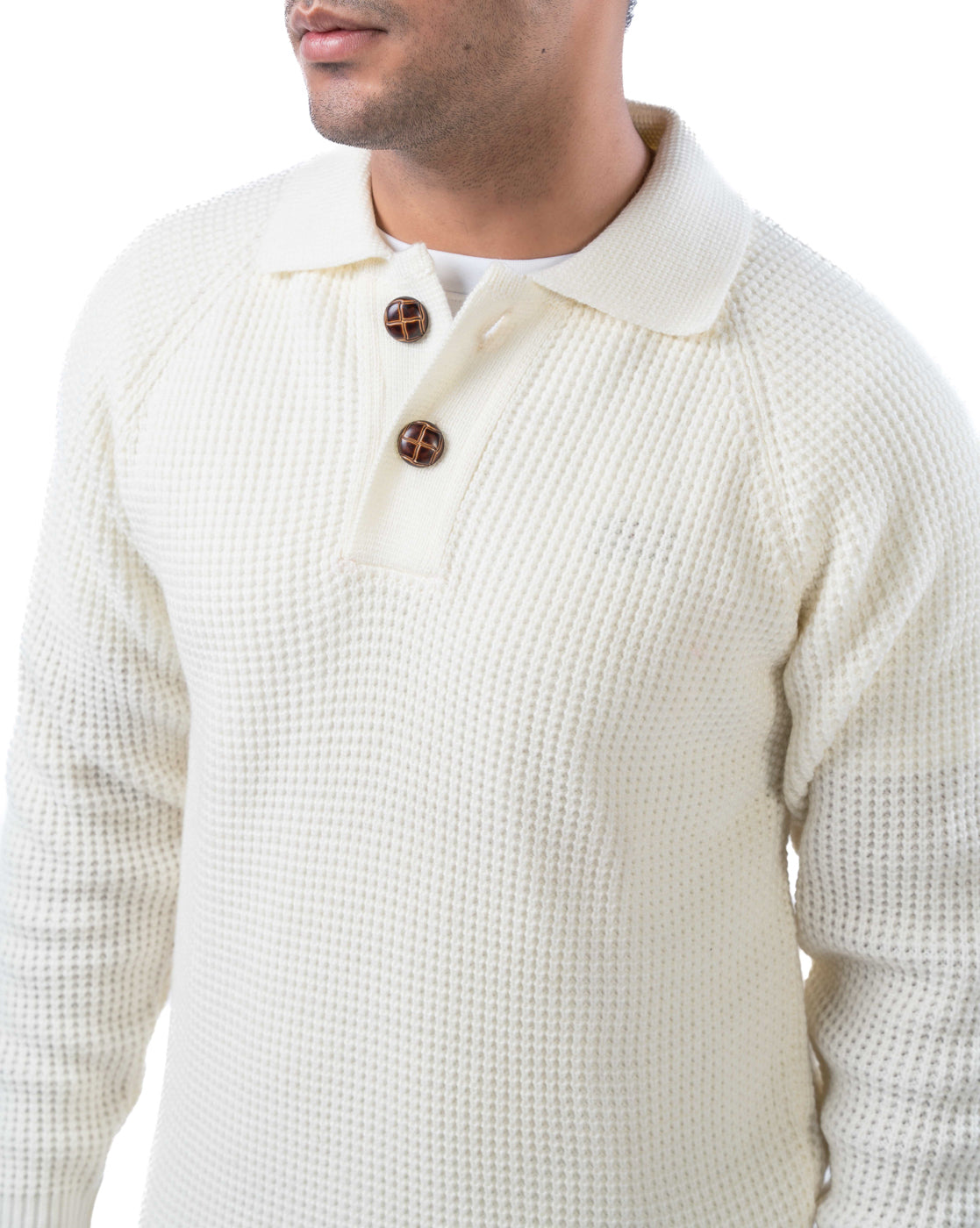 Men’s Off White Raglan Sleeve Pullover with Buttoned Collar