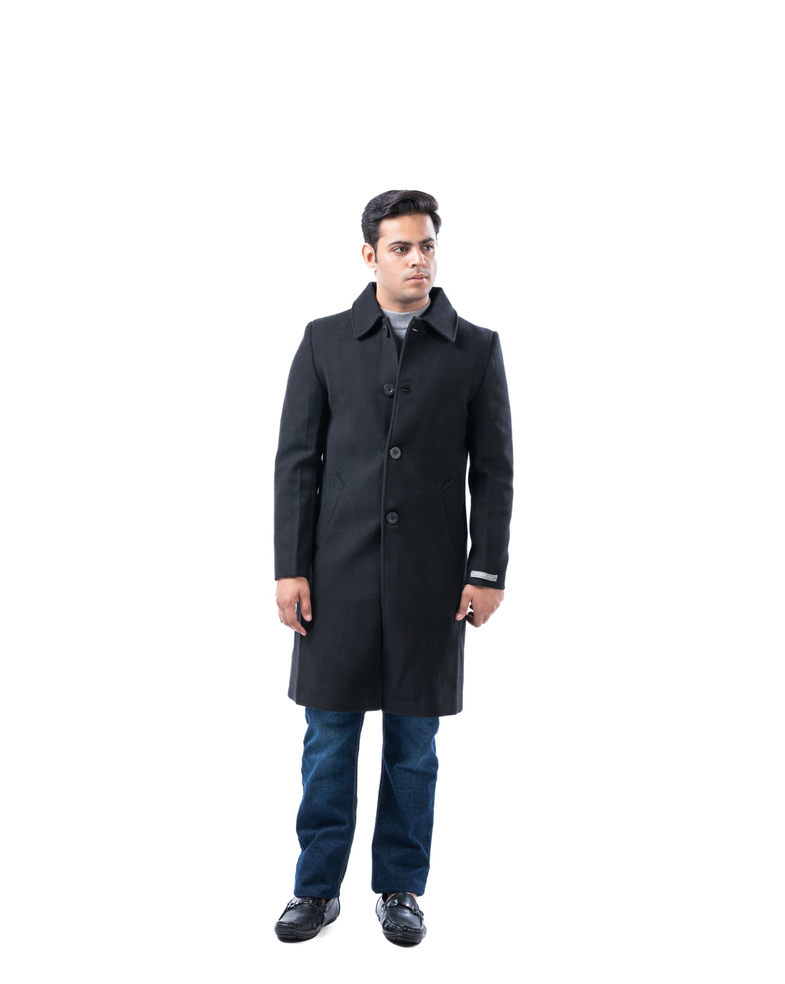 Men’s Black Knee-Length Polyester Coat with Cutaway Collar & Inner Pocket