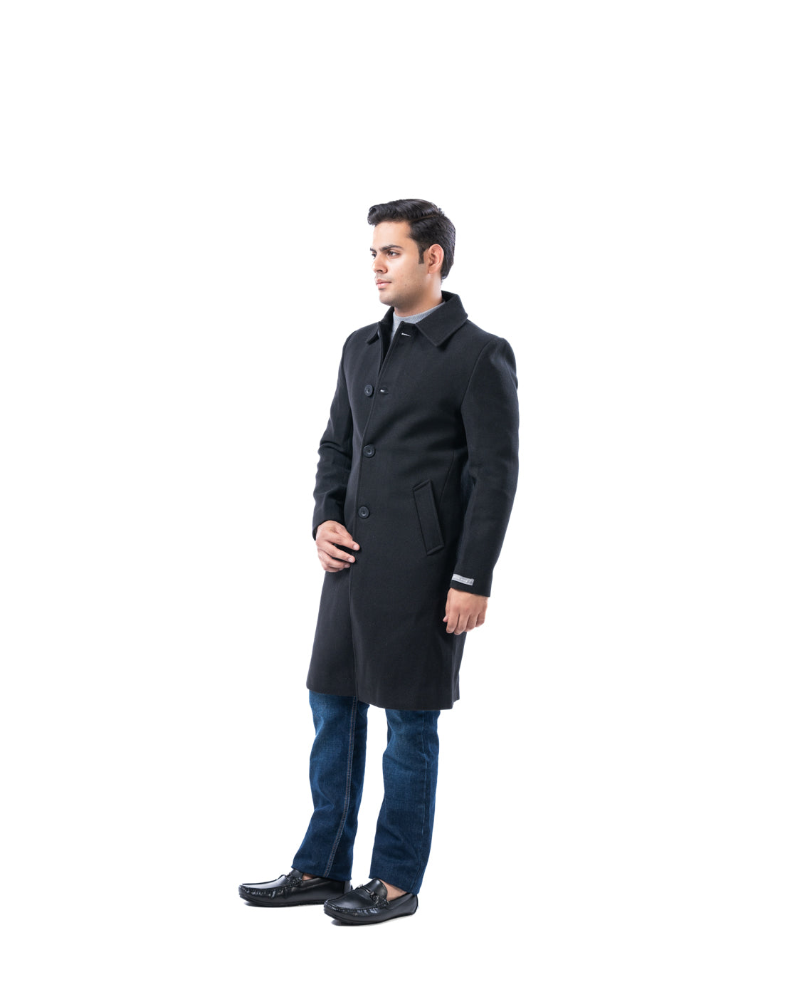 Men’s Black Knee-Length Polyester Coat with Cutaway Collar & Inner Pocket