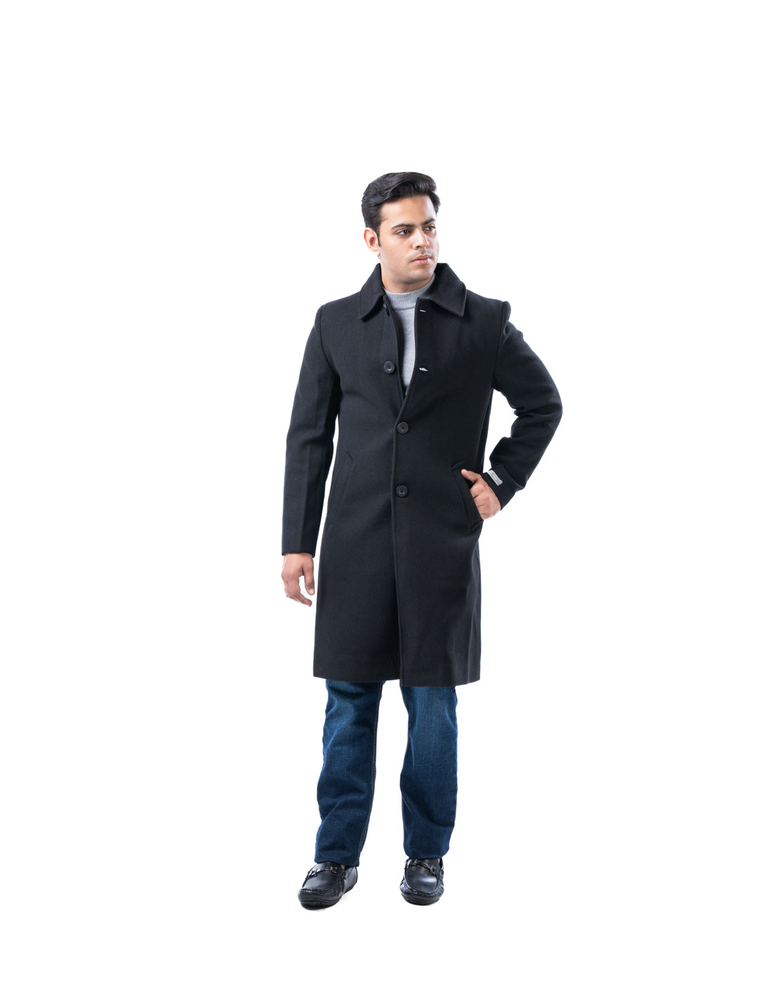 Men’s Black Knee-Length Polyester Coat with Cutaway Collar & Inner Pocket