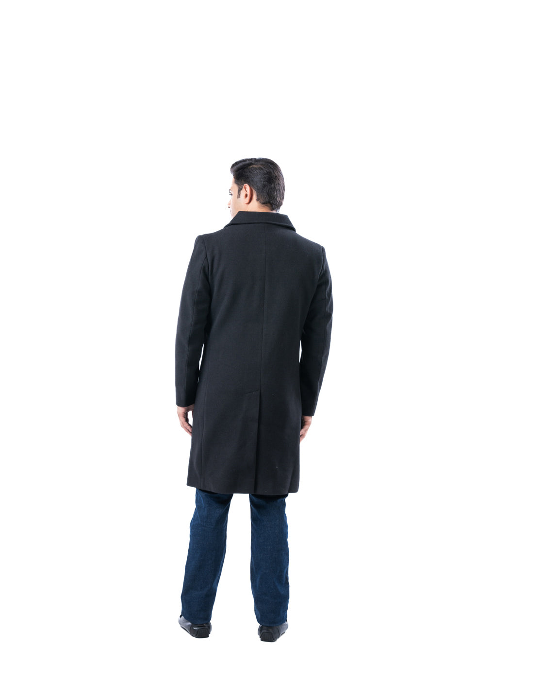Men’s Black Knee-Length Polyester Coat with Cutaway Collar & Inner Pocket