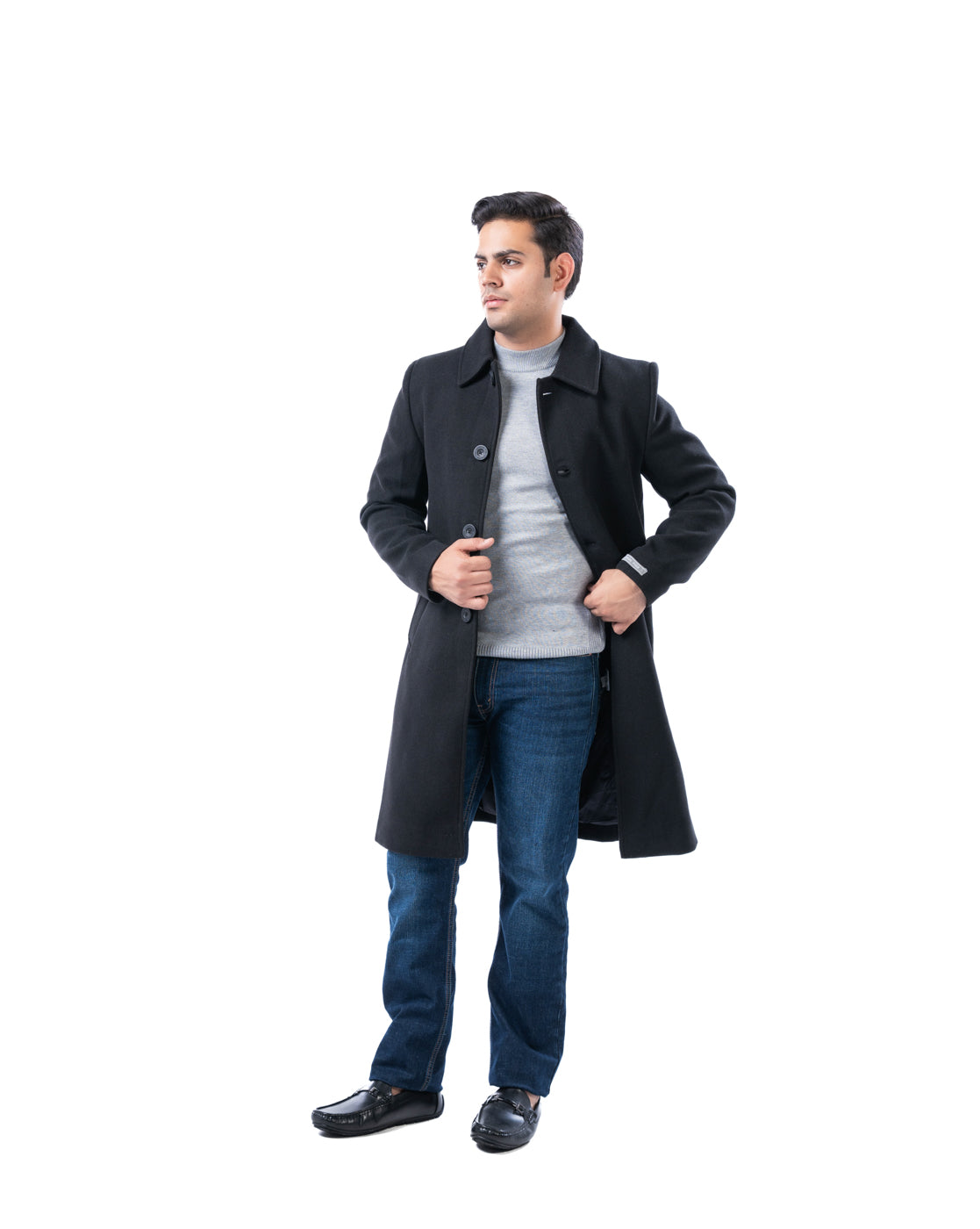 Men’s Black Knee-Length Polyester Coat with Cutaway Collar & Inner Pocket