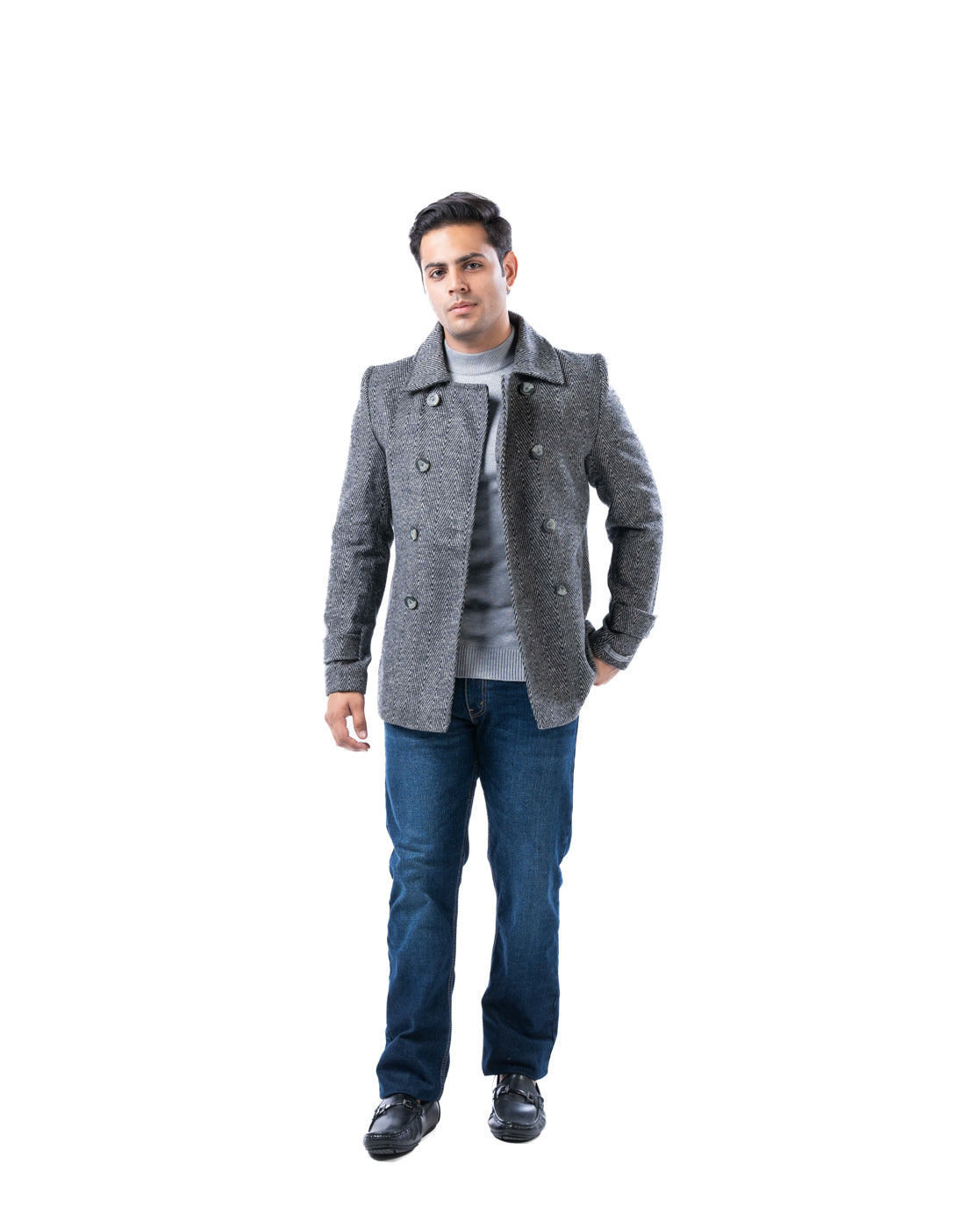 Men’s Light Grey Wool Blend Double-Breasted Blazer with Lapel Collar & Slant Pockets